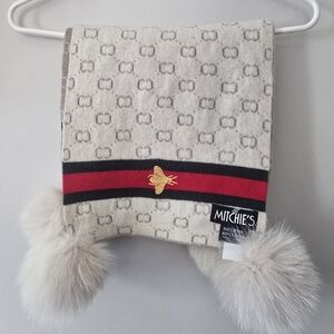 Mitchies Wool Scarf Cream Embroidered Bee Pom Poms Reversible VGUC! SF/ PF